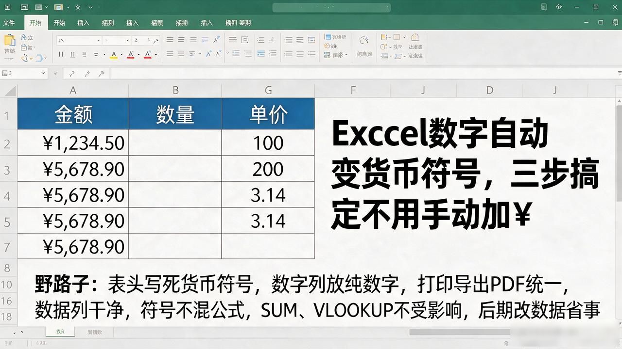 Excel数字自动变货币符号，三步搞定不用手动加¥