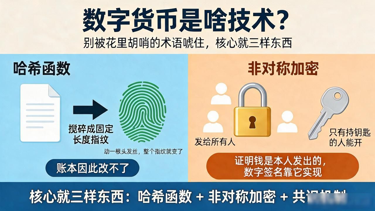 数字货币是啥技术？别被花里胡哨的术语唬住，核心就三样东西